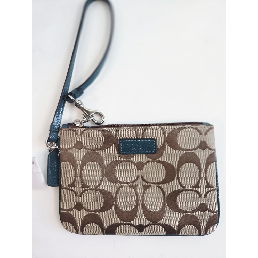 Coach F51775 Park Signature Jacquard Wallet Wristlet Clutch‎ Khaki/Lagoon